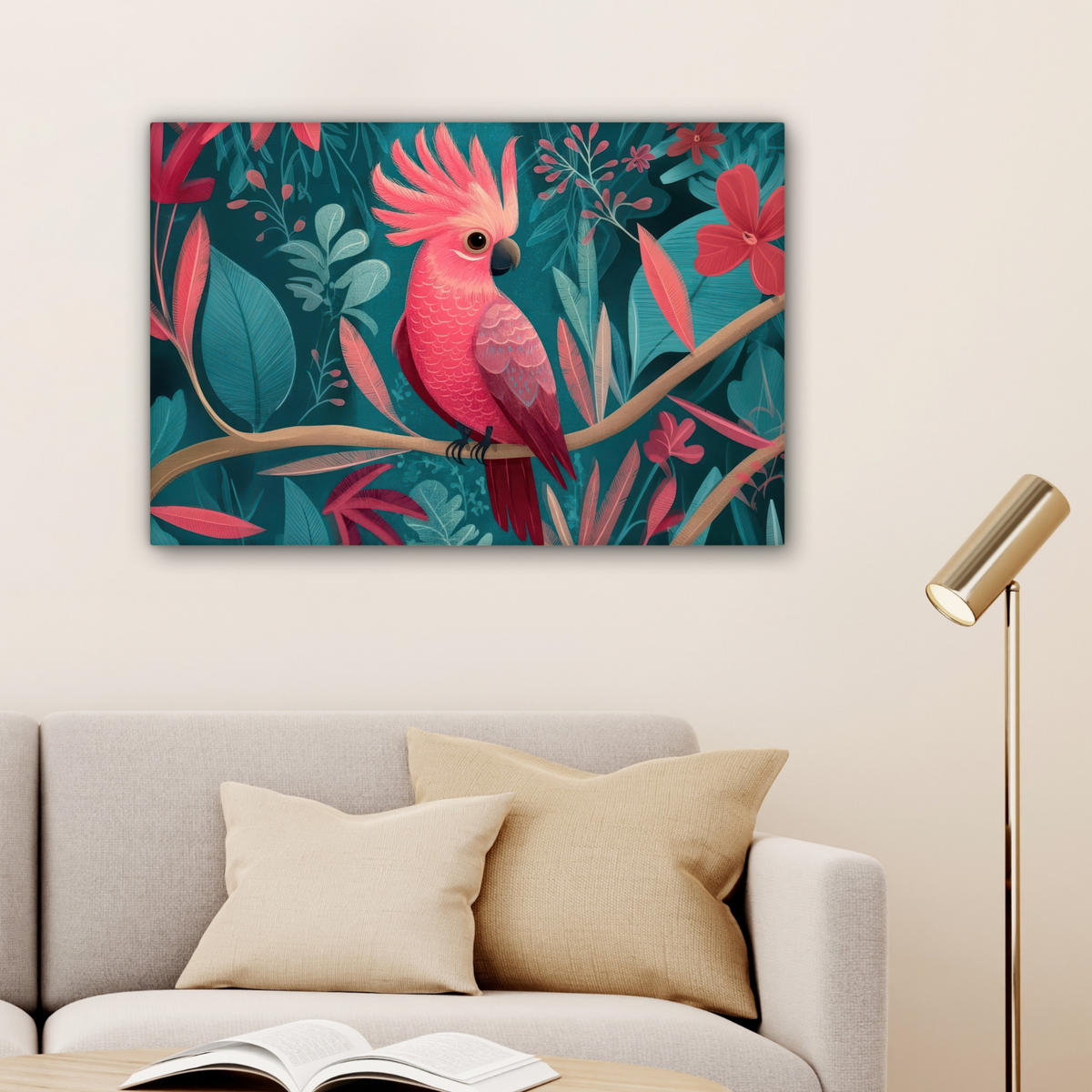 LEINWANDBILD Kakadu - Tropische Blätter - Zweig Wanddeko 90x60 cm - Petrol, Textil (90/60cm) - MuchoWow