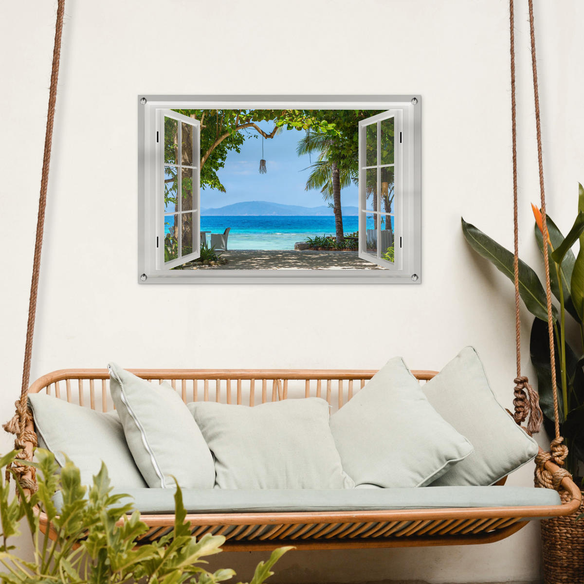 ZAHRADNÍ PLAKÁT Výhled - Strom - Moře - Palma - Kopce - Pláž - Modrá 90x60 cm - bílá, plast (90/60/0.2cm) - OnlyWow
