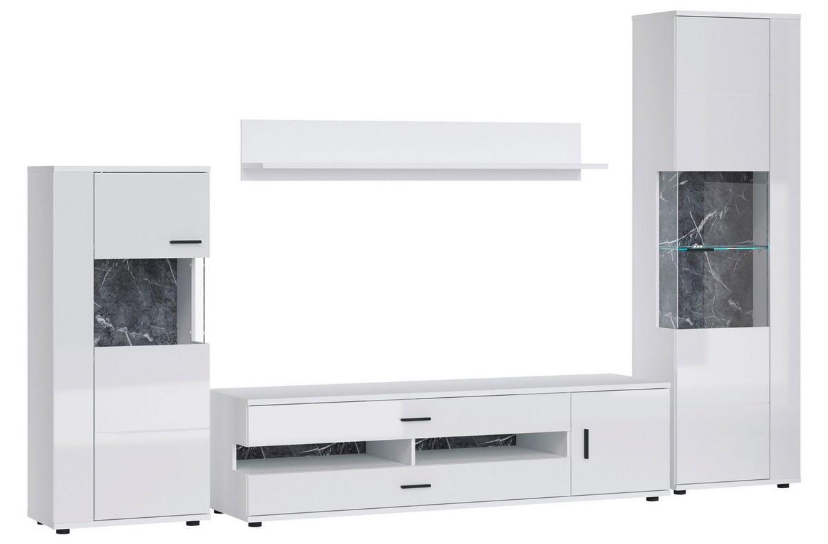 WOHNWAND Henley 4-teilig graphit Grau 300 / 37 - 49,5 / 198cm - Weiß Hochglanz/Weiß, Holz/Holzwerkstoff (300/198/50cm) - Feldmann-Wohnen