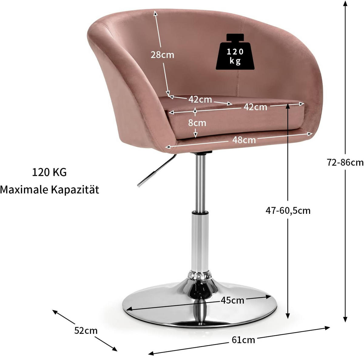 ESSZIMMERSTUHL Samt Drehsessel Pink - Pink, Metall (52/86/61cm) - COSTWAY