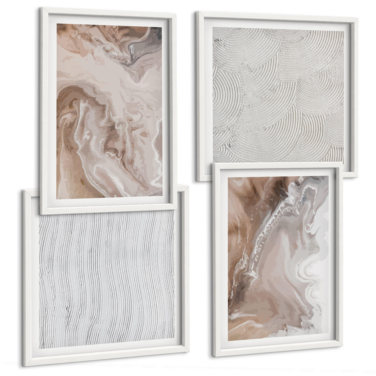 BILDER SET 4er Set - 50x50 cm & 40x60 cm Weißer Rahmen - Abstrakte Marmormuster aus Stein - Weiß, Kunststoff (50/50cm) - TULUP