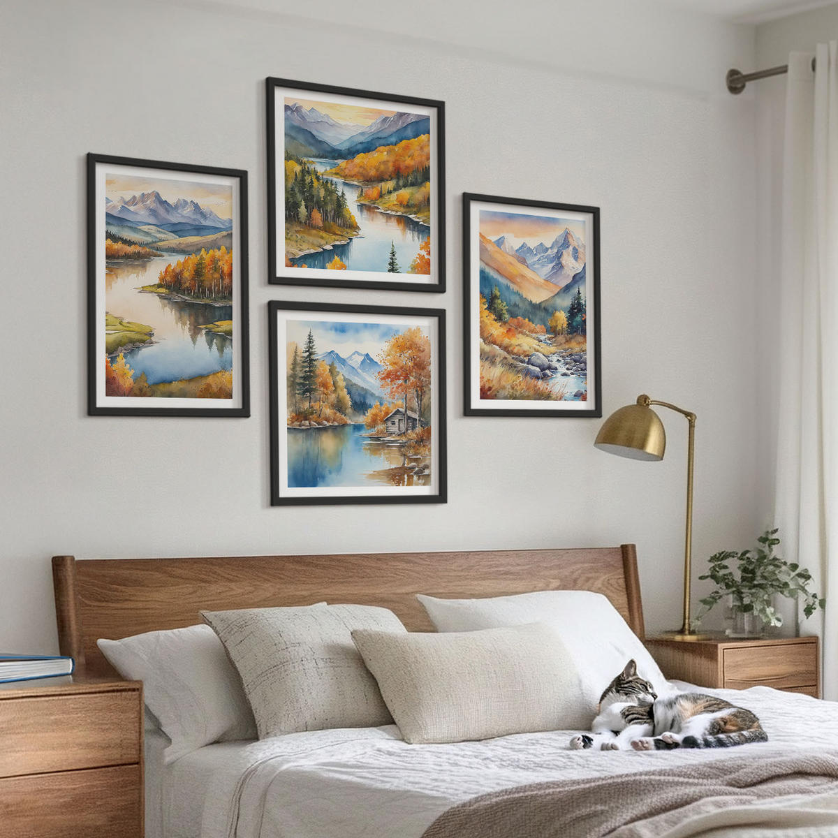 WANDBILDER 4er-Set - 50x50 cm & 40x60 cm Schwarzer Rahmen - Bergblick, Fluss, Herbst - Schwarz, Kunststoff (50/50cm) - ArtPrintCave