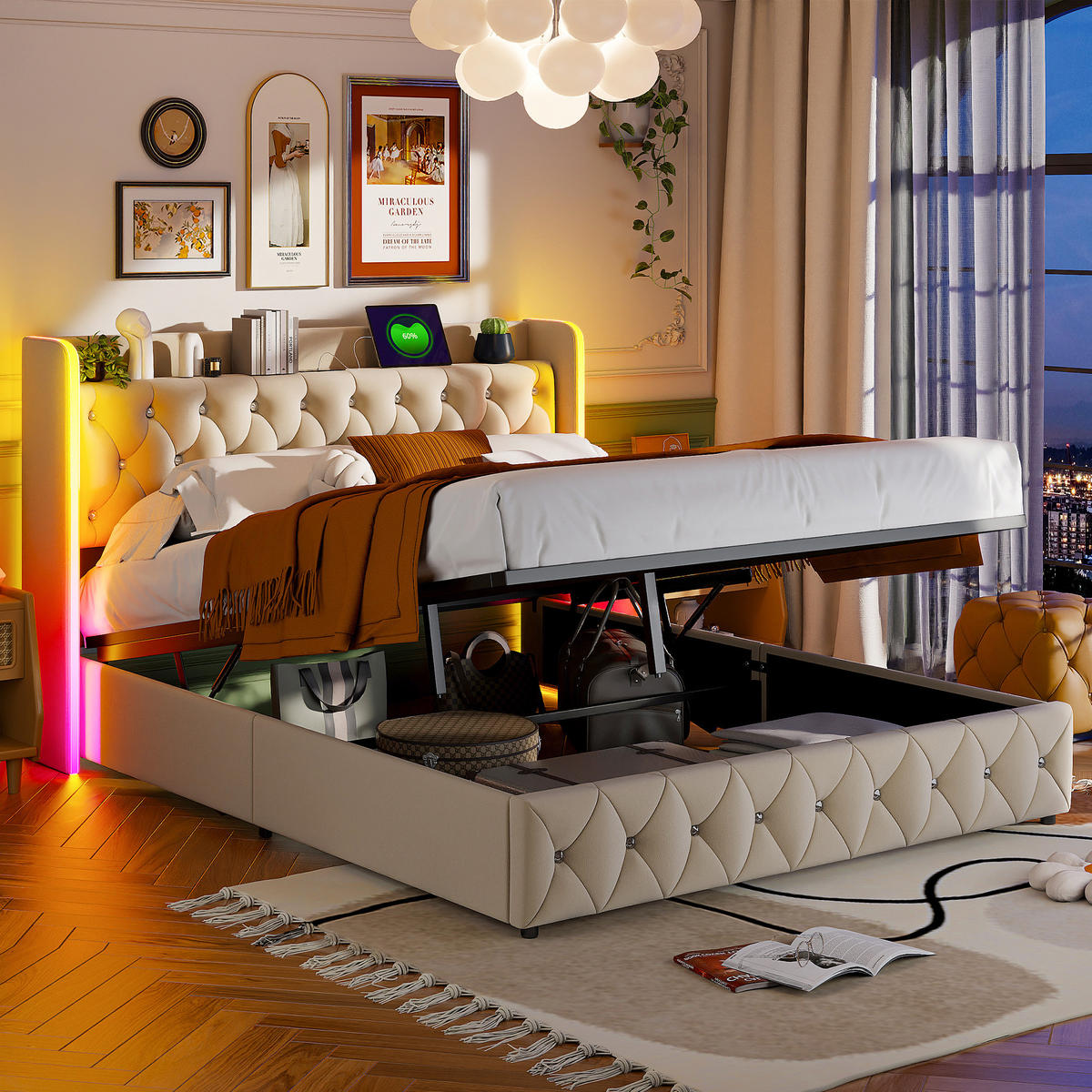 POLSTERBETT 160x200 Beige LED USB - Weiß, Metall - SHOPENTRA