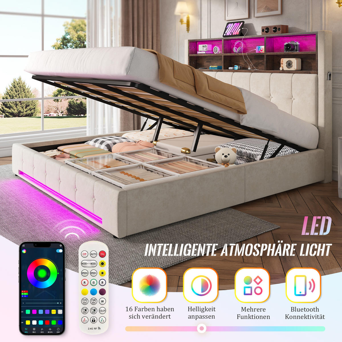 POLSTERBETT 180/200 cm Beige mit 6 Fächer, Seitentaschen, USB-C und LED - Beige, Textil (180/200cm) - Oxeza