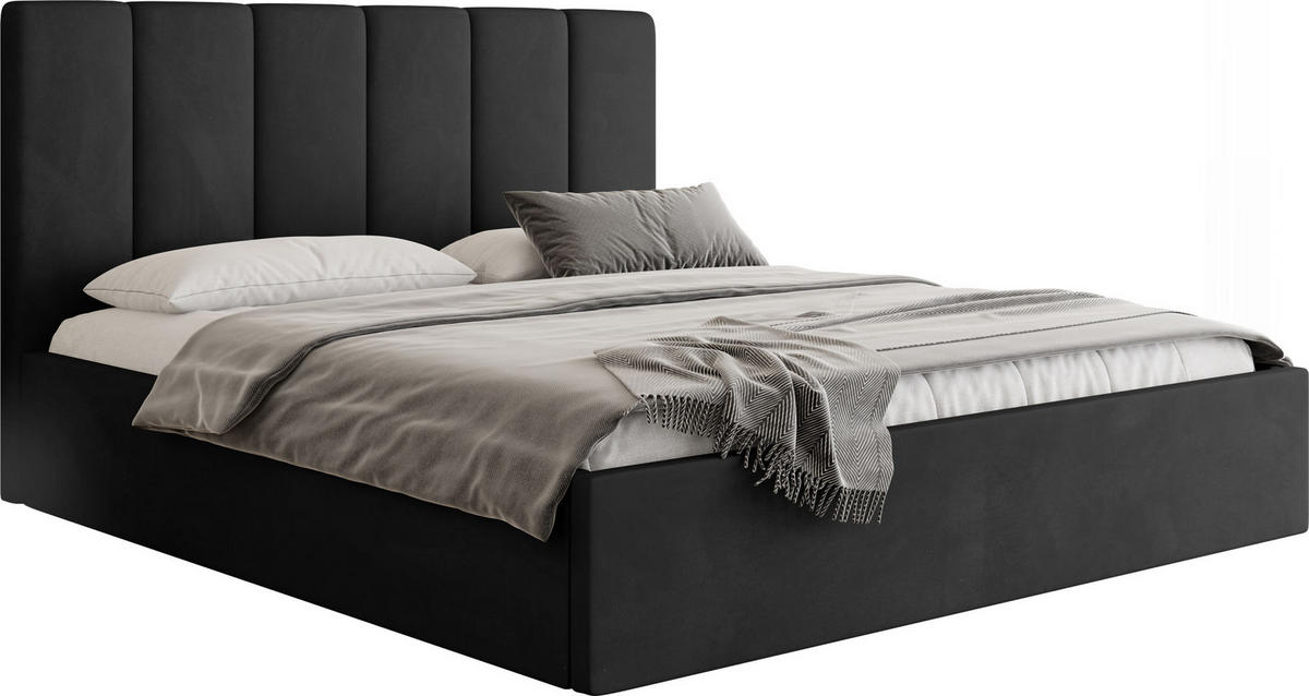 POLSTERBETT Amira Slim mit Bettkasten, Schwarz Samt 160x200 cm - Schwarz Hochglanz/Birkefarben, Holz/Holzwerkstoff (160/200cm) - WFL GROUP