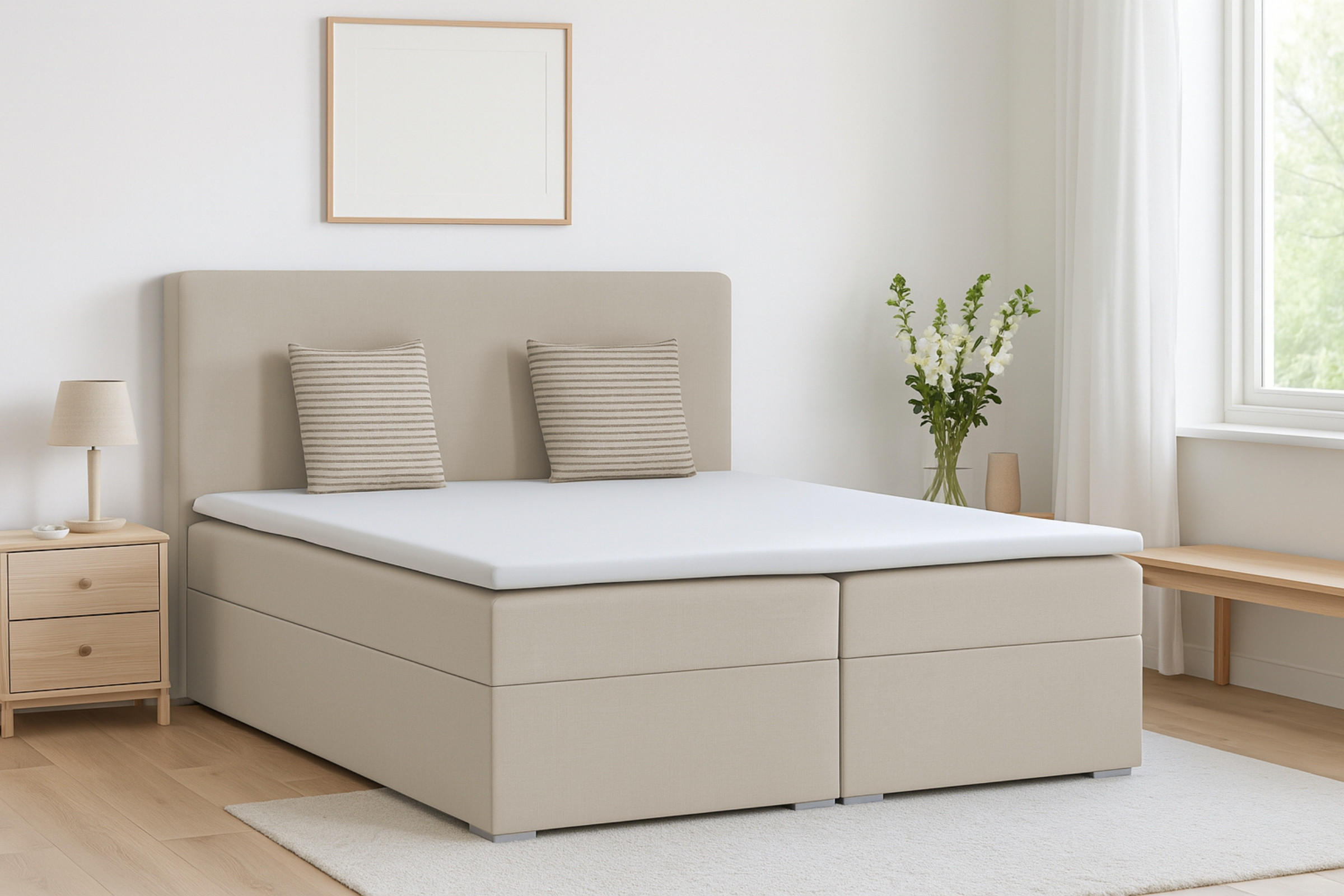 BOXBETT BASIC 160/200 Velours Beige mit Bonell-Federkernmatratzen H3 - Beige, Holz/Holzwerkstoff (160/200cm) - Deine Möbel 24