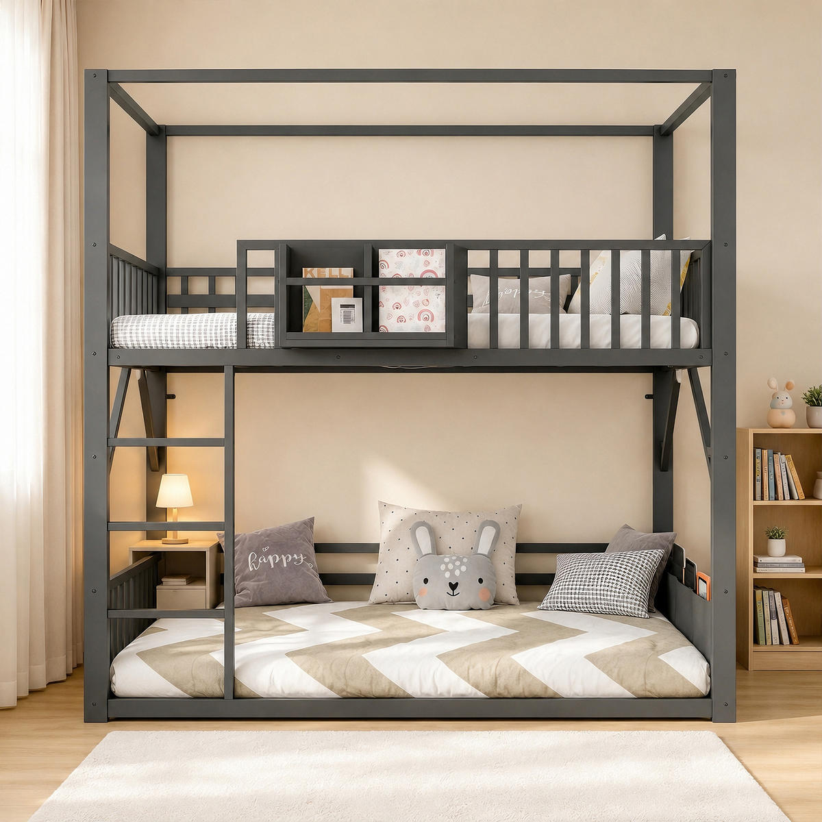 METALL-ETAGENBETT 90 x 200 cm mit Dachkonstruktion, Schwarz - Schwarz, Metall (90/200cm) - FLIEKS