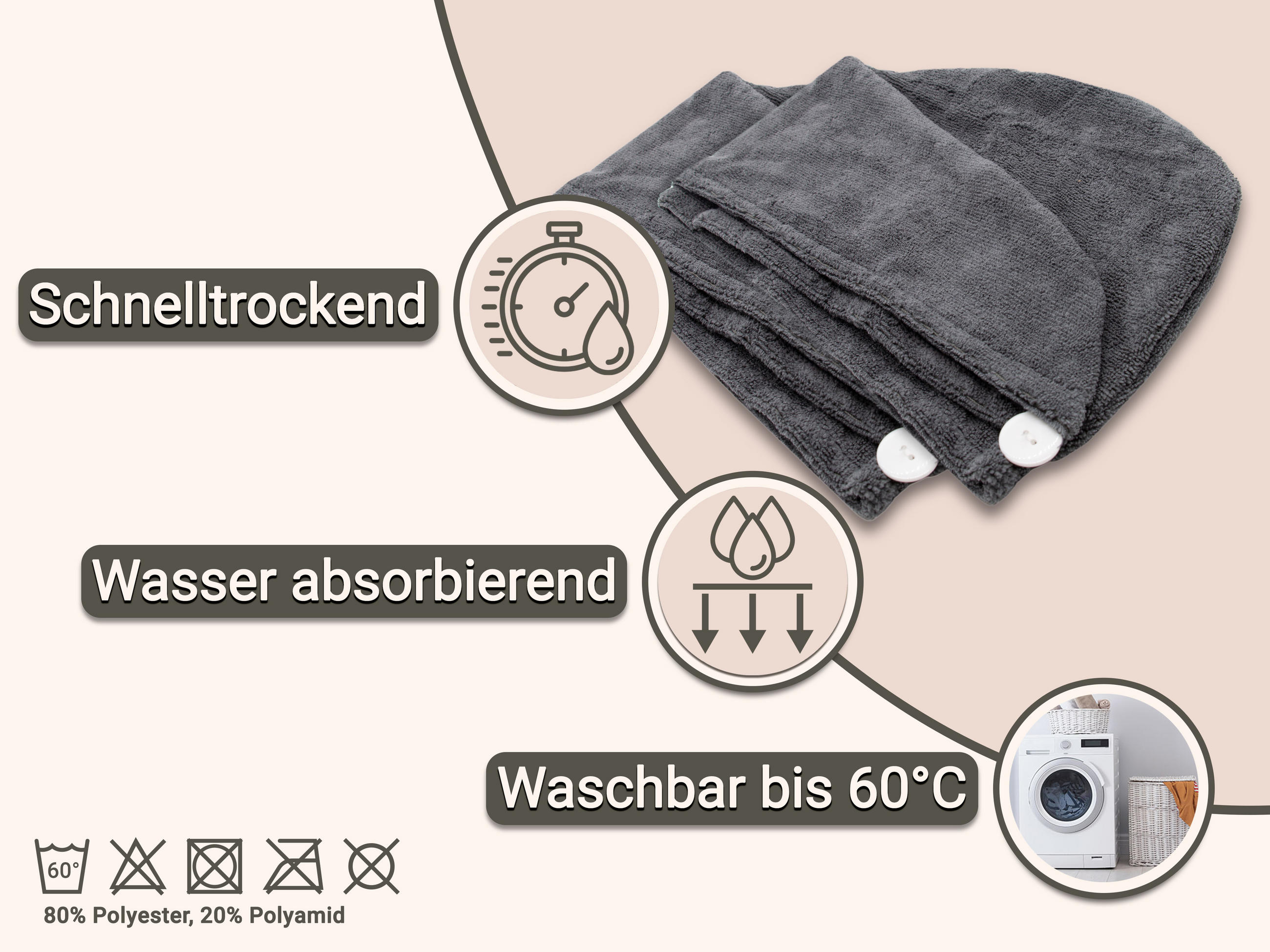 HAARTURBAN, 2er-Set, 25x65 cm, 80% Polyester, 20% Polyamid, Grau - Anthrazit, Textil (25/65cm) - Zollner