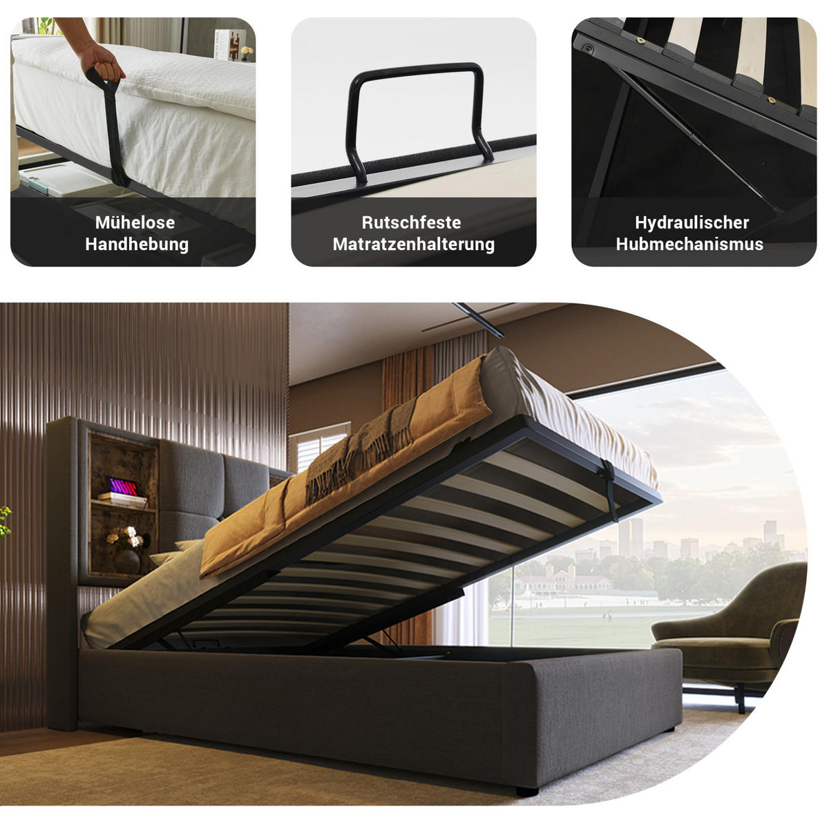 POLSTERBETT 90/200 cm mit Bettkasten (Gasdruckfeder) & Kopfteil mit Wireless Charging/USB/Typ C,Grau - Grau, Textil (90/200cm) - Redom
