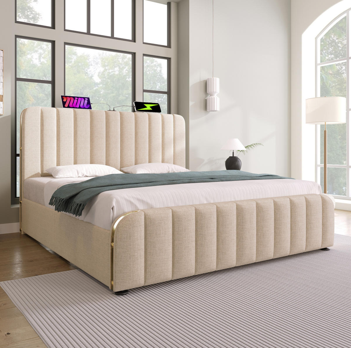 POLSTERBETT mit Stauraum, Matratze & USB 140x200 cm Leinen Beige - Beige, Metall (140/200cm) - Meubliv