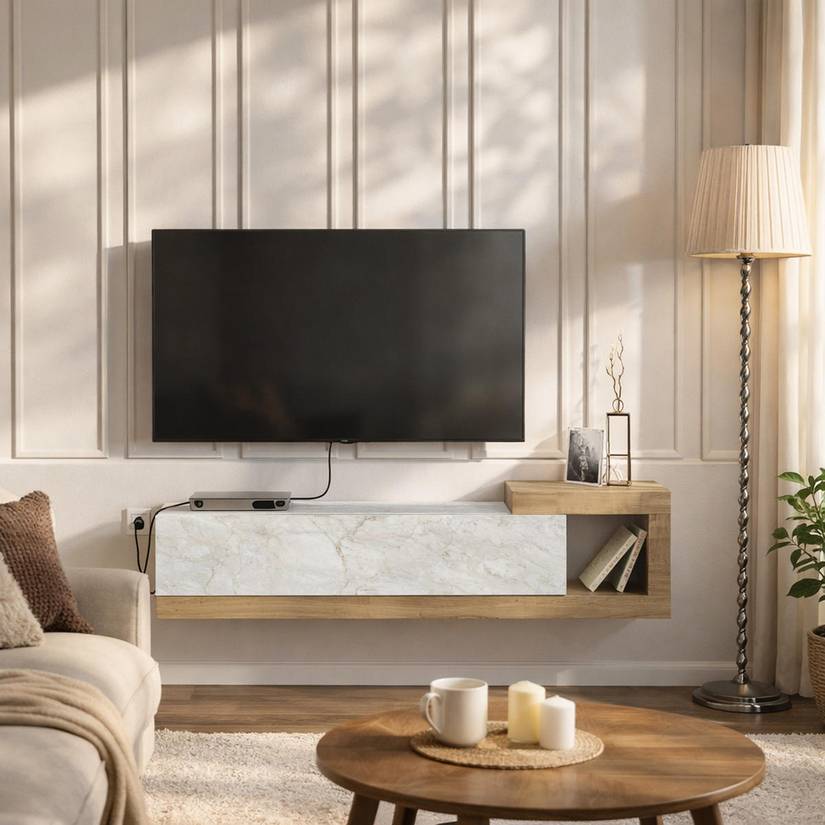 MOEBEL17 TV Lowboard 150 cm – Modernes Lowboard TV Schrank – TV Board Wohnzimmer – Fernsehtisch – TV Möbel Sideboard Modern – Modell Bliss - Weiß/Braun, Holzwerkstoff (150/37/30cm) - moebel17