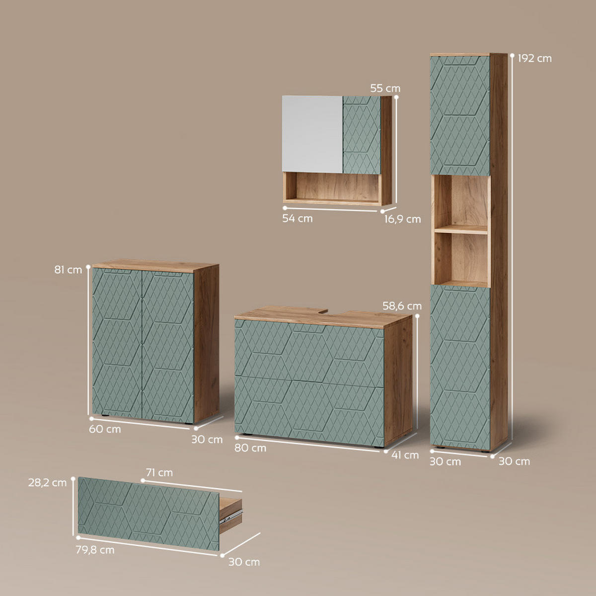 BADMÖBEL-SET Ronco Grün/Goldkraft Eiche 4 Teile, mit Schubladenschrank und Midischrank - Eiche Wotan/Grün, Holzwerkstoff (80/58/41cm) - Livinity®