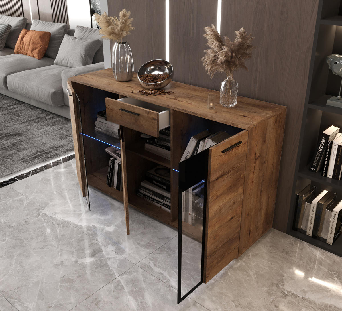KOMMODE London LSK mit 3 Türen, Sideboard in Farbe: Braun, Größe: 140 x 80 x 40 cm - Braun, Holzwerkstoff (140/80/40cm) - O-Sofa