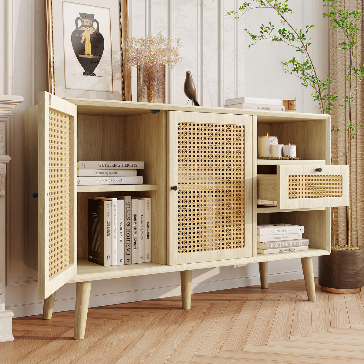 SIDEBOARD 120/40/80 cm in Eiche mit Rattangeflecht, 1 Schublade und 2 Türen - Eichefarben, Holzwerkstoff (120/80/40cm) - Flora Grace