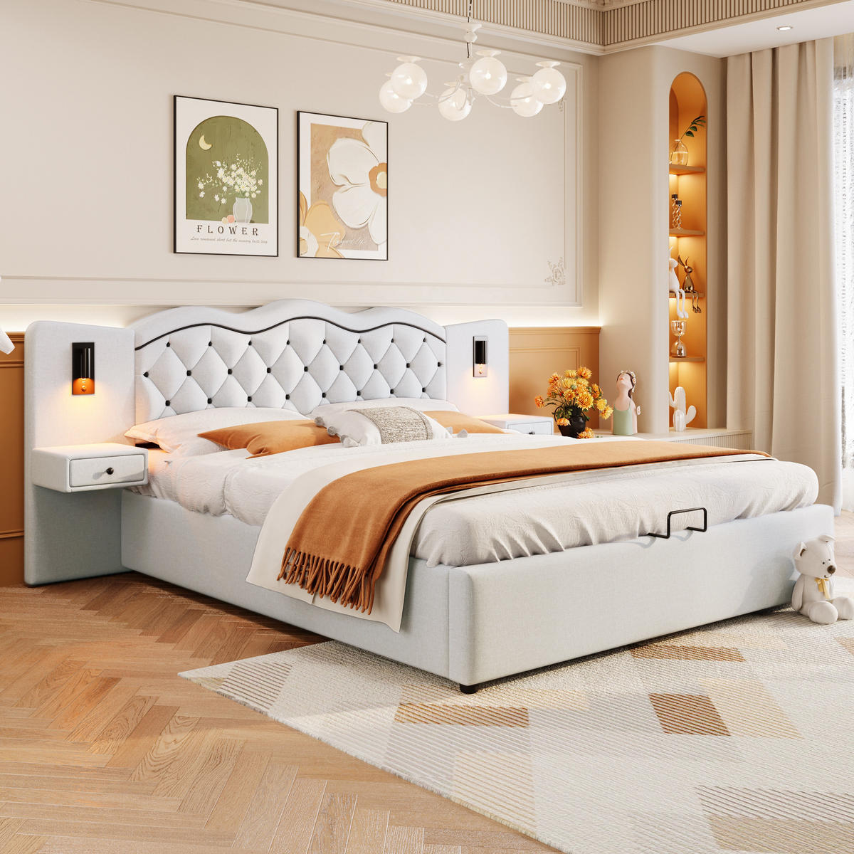 POLSTERBETT 180/200 cm beige mit integriertem Kopfteil und USB-Anschluss - Beige, Textil (180/200cm) - OKWISH