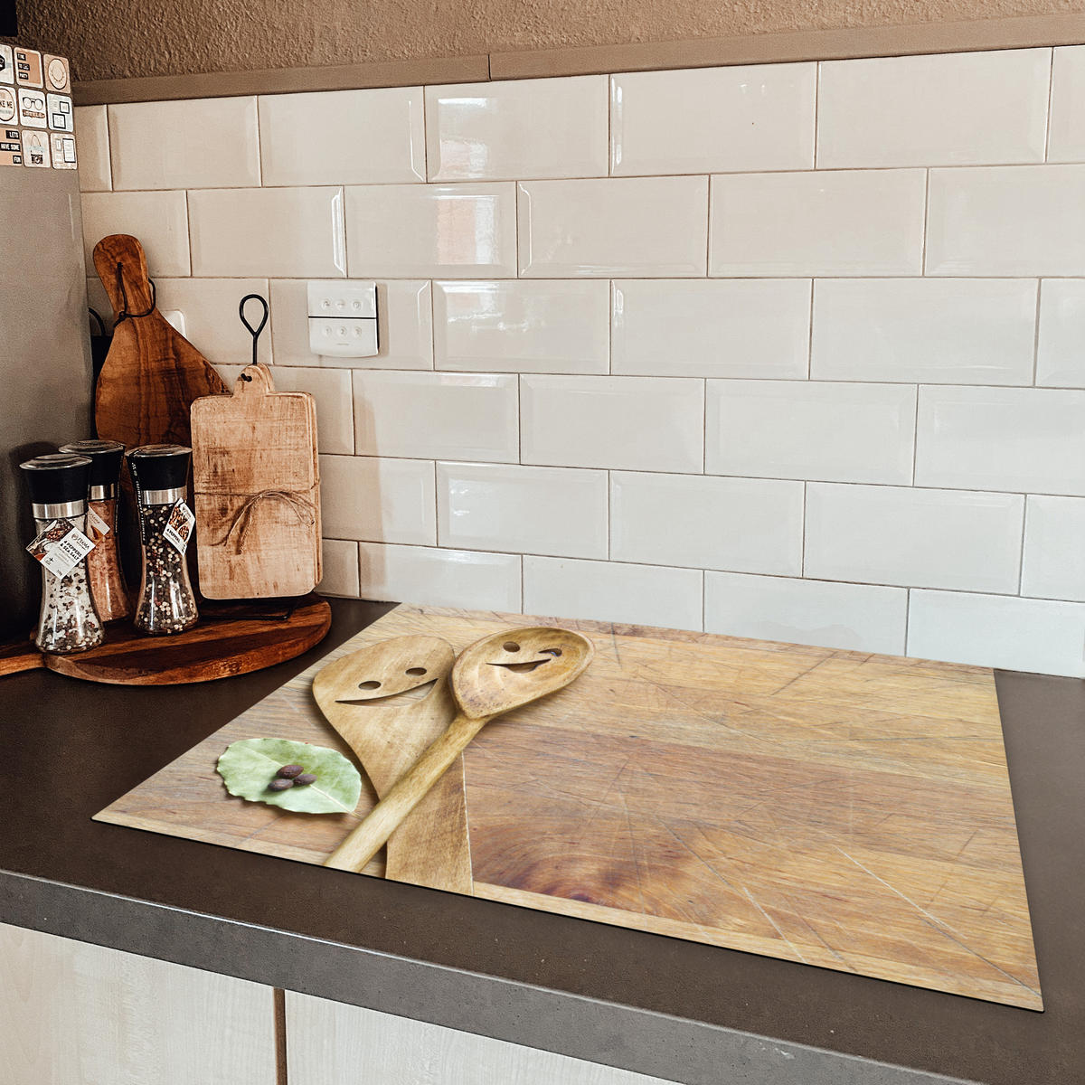 HERDABDECKPLATTE Holz - Löffel - Braun - Smiley 70x52 cm - Hellbraun, Kunststoff (70/52/0.2cm) - MuchoWow