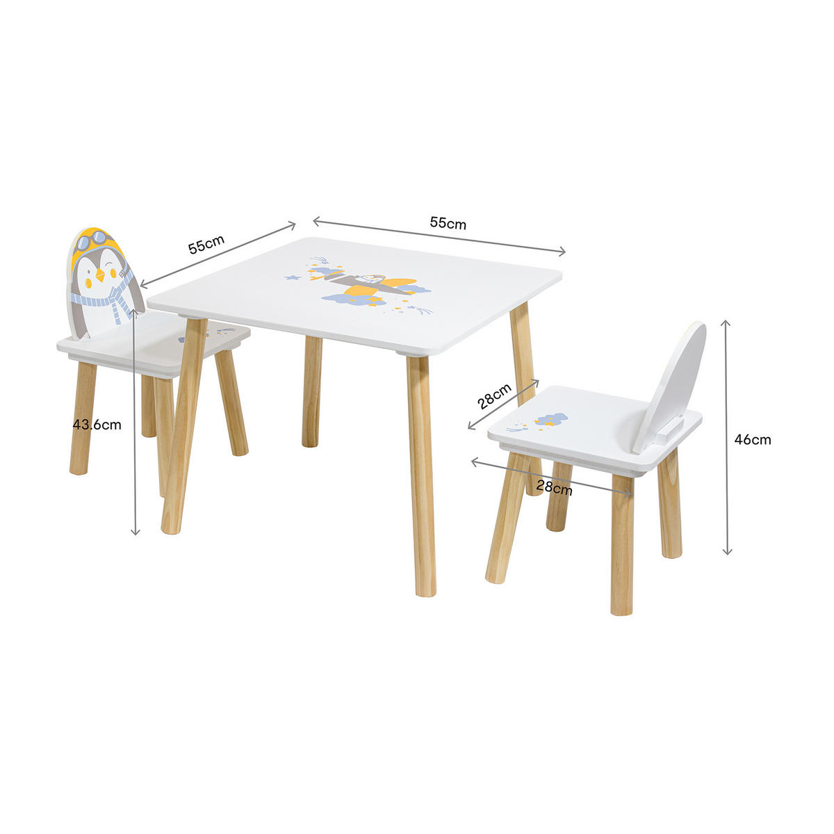 KINDERTISCH UND STÜHLE Weiß 55/55/43,5 3er-Set - Weiß, Holz (55/44/55cm) - Mobili Rebecca