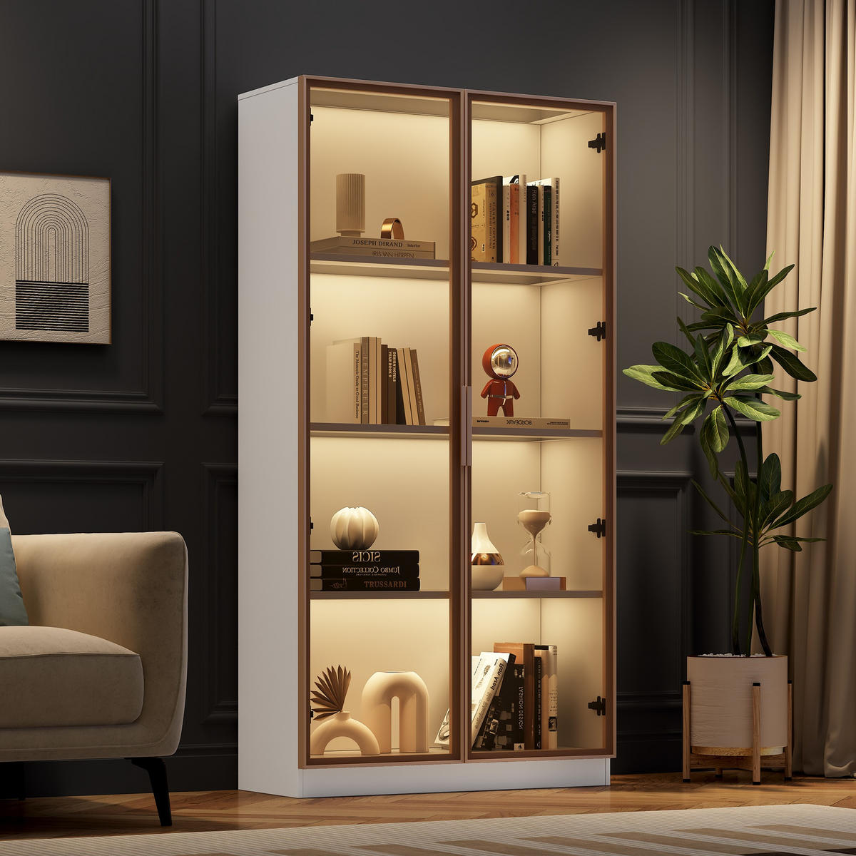 STANDVITRINE 160/35/100 cm, mattweiß mit goldenen Griffen und Metallbeinen, 4 Türen, höhenverstellbare Einlegeböden, Weiß - Weiß, Holzwerkstoff (80/160/40cm) - Redom