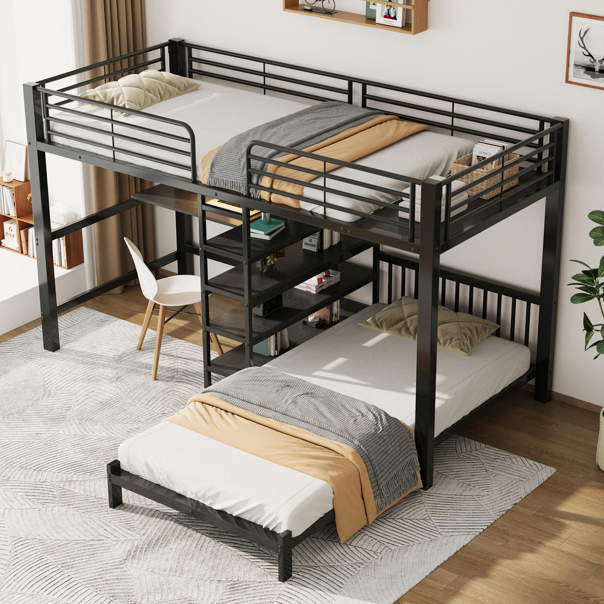 HOCHBETT aus Metall und MDF 90x200 cm Schwarz mit Schreibtisch, Stauraumtreppe und USB-/Type-C-Anschluss - Schwarz, Holzwerkstoff (90/200cm) - IVMEU