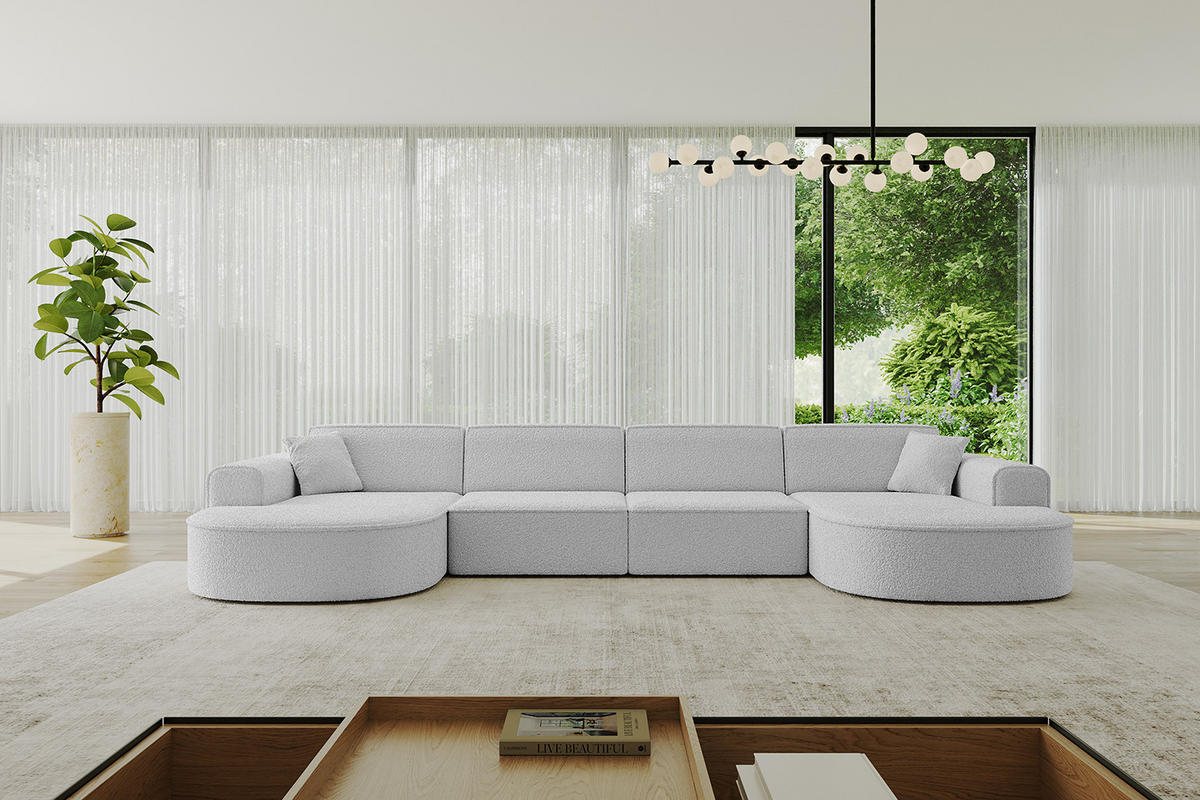 WOHNLANDSCHAFT MARI-U2 - 380x163x73,5 cm Hellgrau Bouclé - Hellgrau/Schwarz, Holzwerkstoff/Kunststoff (380/73.5/163cm) - ALTDECOR