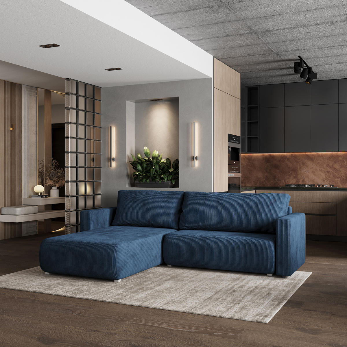 ROHOVÁ SEDAČKA TURIN modrá - šedá/modrá, dřevo/textil (265/183cm) - MASSENO