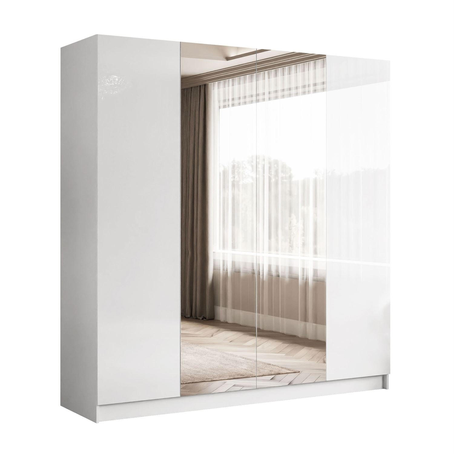 KLEIDERSCHRANK AUREL 4D in Weiß hochglanz mit Spiegel - Weiß Hochglanz/Weiß, Holzwerkstoff (200/200/57cm) - Lookway