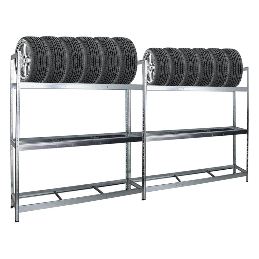 REIFENREGAL Tiger XL 2er-Set mit 2x 200x180x45 cm 300 kg Fachlast bis zu 42 Reifen Verzinkt - Silberfarben, Metall (360/200/45cm) - PROREGAL