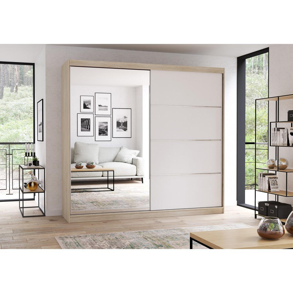 SCHWEBETÜRENSCHRANK Multi 42 Sonoma Eiche/Weiß + Spiegel, ohne LED Beleuchtung 203 cm - Alufarben/Weiß, Glas/Holzwerkstoff (203/218/61cm) - imoebel24