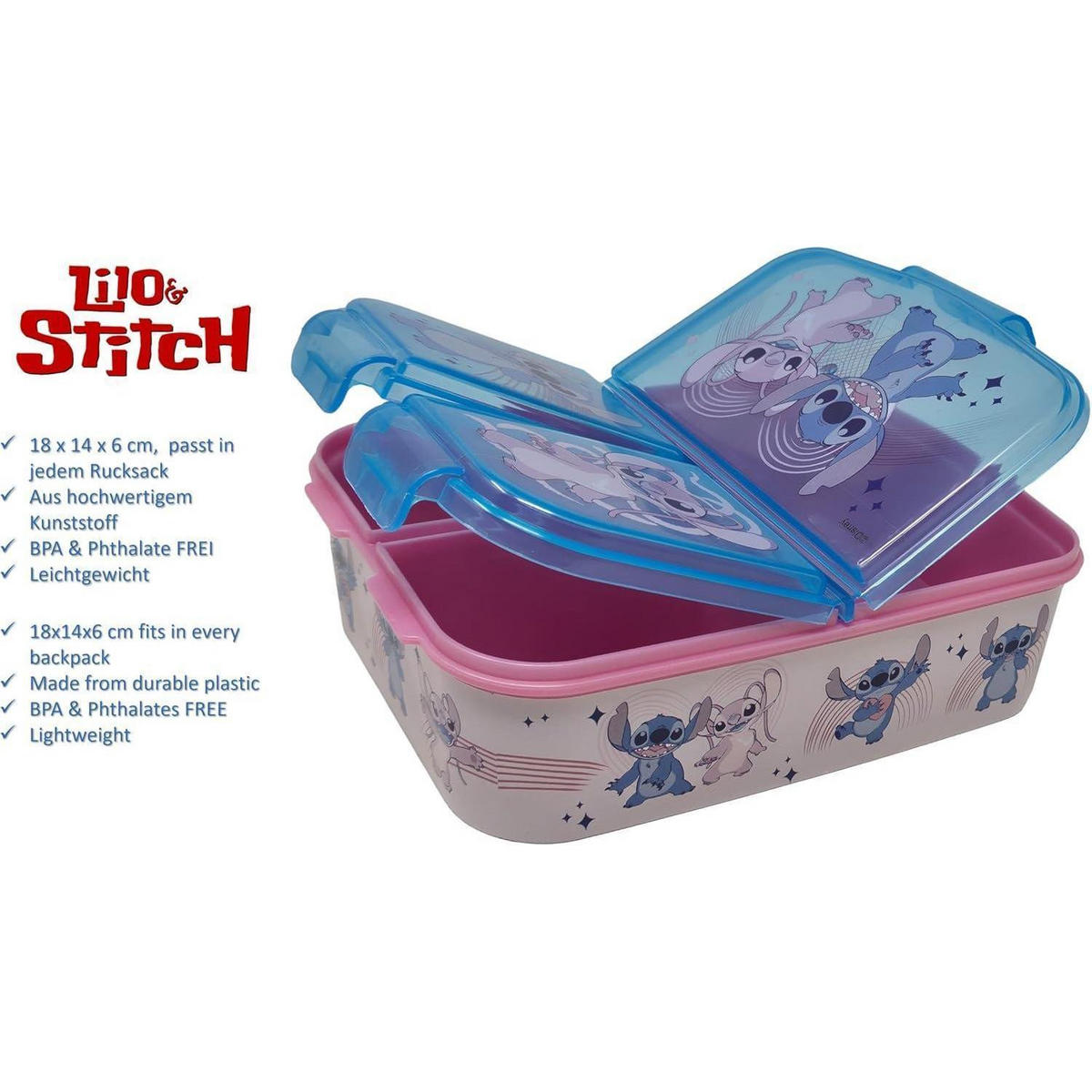 BROTDOSE mit 3 Fächern Lilo & Stitch BPA frei 18 cm - Multicolor, Kunststoff (18/7/18cm)