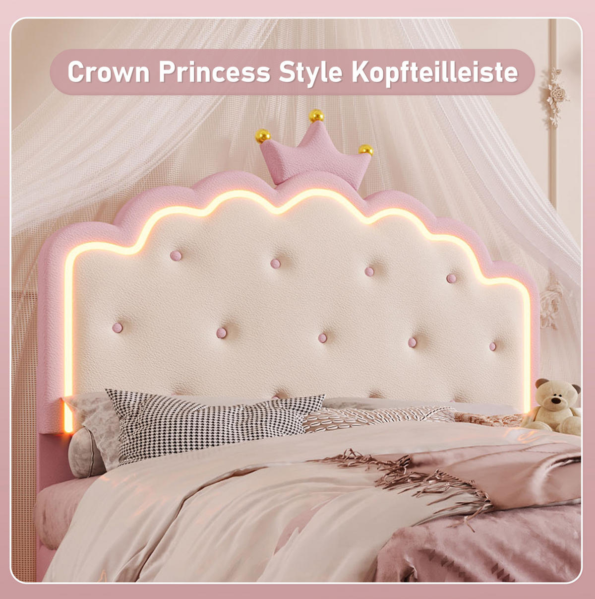 POLSTERBETT aus PU 140x200 cm Rosa mit LED-Ambientebeleuchtung und Lattenrost - Rosa, Kunststoff (140/200cm) - IVMEU