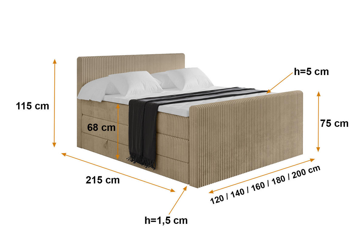 BOXSPRINGBETT mit Matratze H3|H4 und Lattenrost - TOLO-Z KING 140x200 Cord - Beige - Beige, Holzwerkstoff (140/200cm) - ALTDECOR