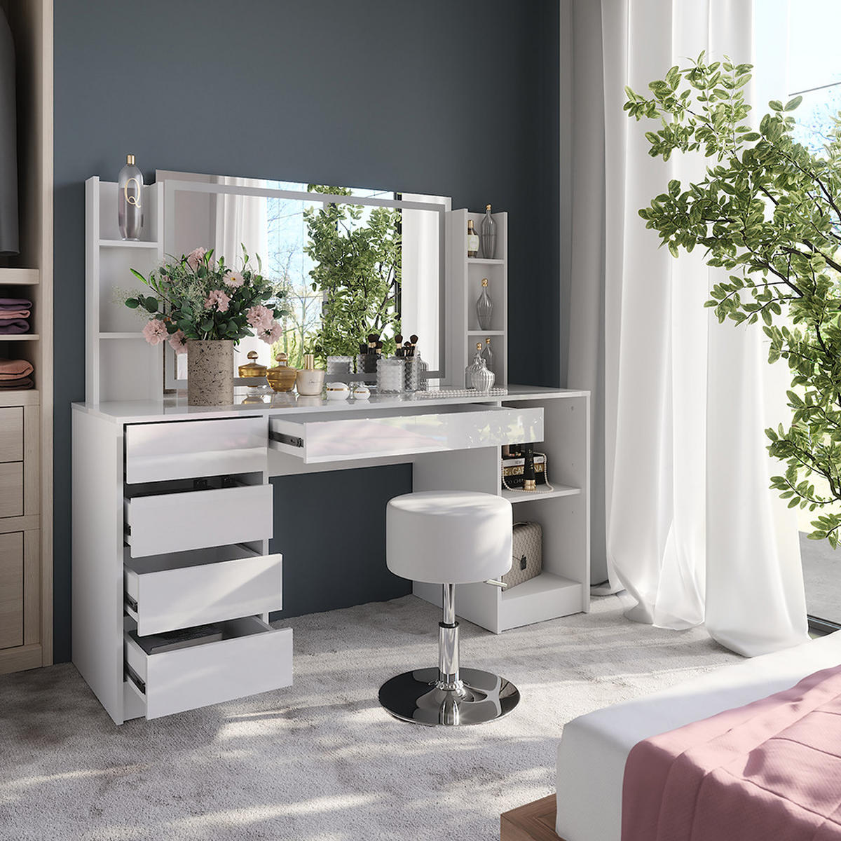 SCHMINKTISCH Sherry Weiß/Weiß Hochglanz 158.2 cm 5 Teile - Weiß Hochglanz, Holzwerkstoff (158.2/76/50.1cm) - Vicco