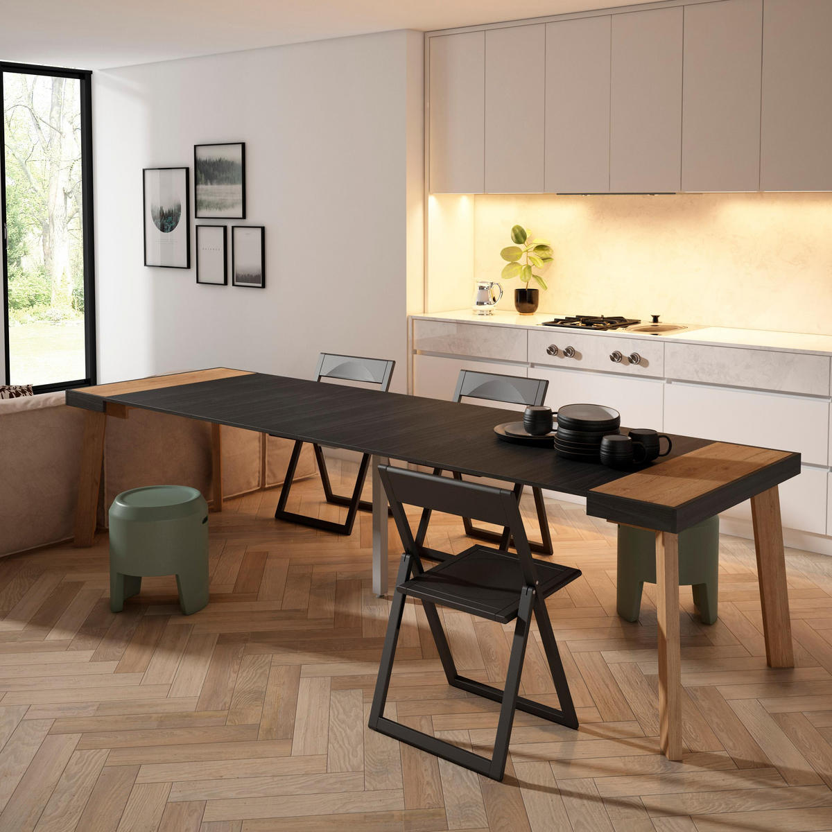 KONSOLENTISCH ausziehbar 58 bis 302cm, für 14 Gäste, eiche, schwarz, 90/58/73cm - Eichefarben/Schwarz, Holzwerkstoff (90/302/73cm) - Skraut Home