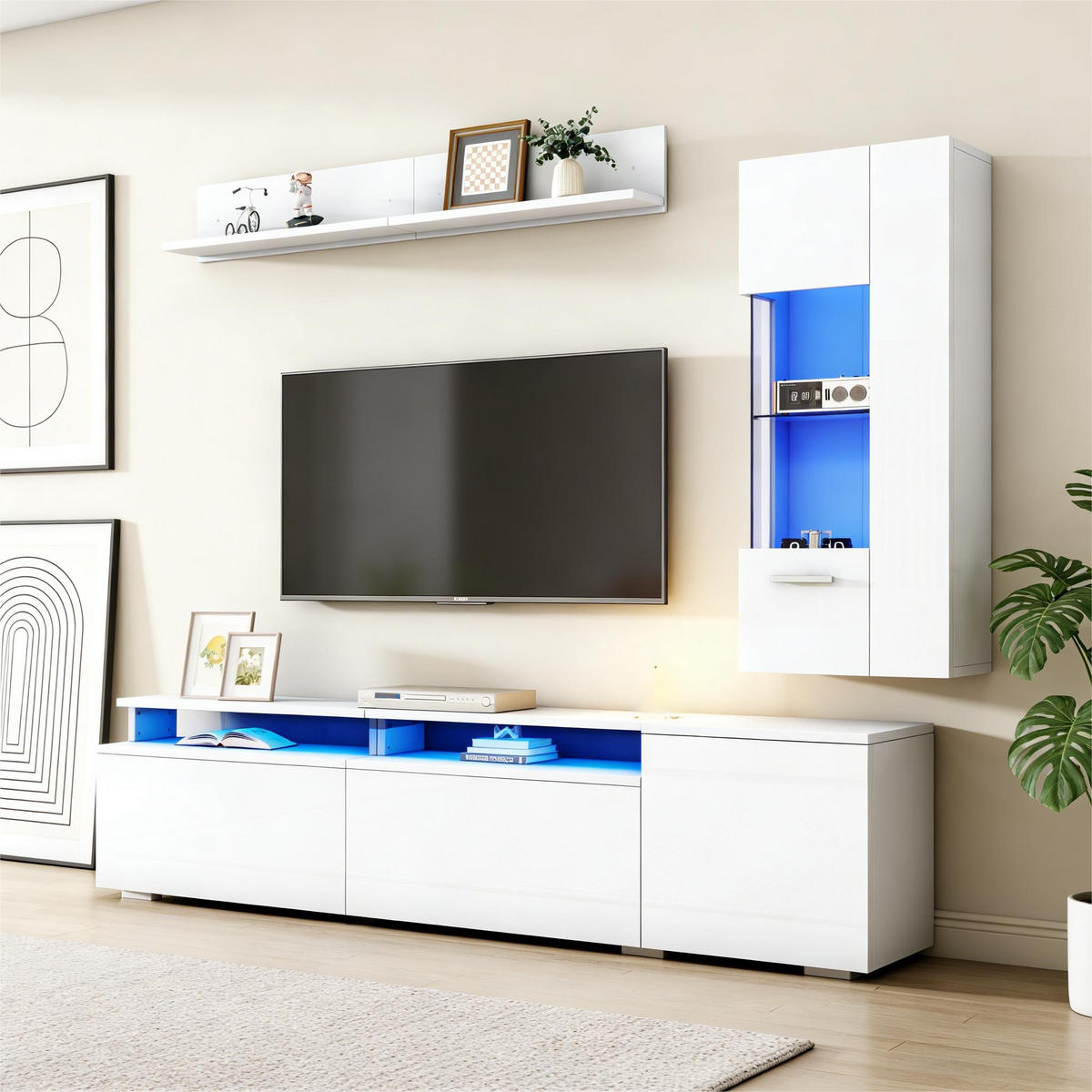 WOHNWAND 3-teilig LED Hochglanz Vitrine Weiß - Weiß, Glas (180/45/40cm) - FLIEKS