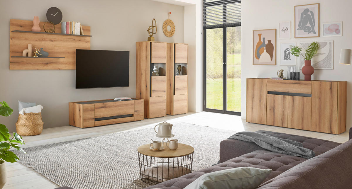 WOHNWAND Evoke Eiche, grau, Wohnkombination Set 4-teilig, 340 cm - Eichefarben/Grau, Glas/Holz (340/170/45cm) - Furn.Design