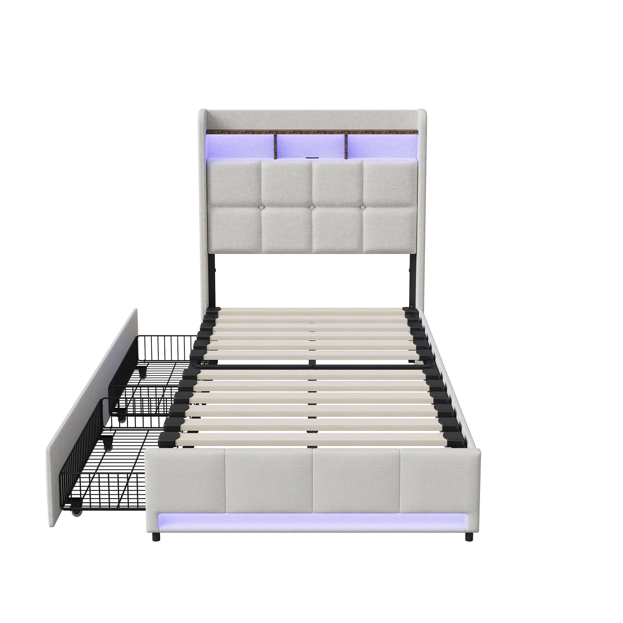BETT 90x200 cm mit Schubladen, Kopfteil mit Stauraum und LED-Beleuchtung, USB- und Typ-C-Anschlüsse, Leinenstoff, Lattenrost - Beige - Beige, Holzwerkstoff (90/200cm) - Brevoria