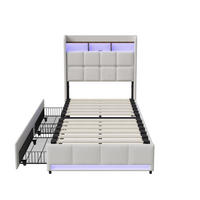 BETT 90x200 cm mit Schubladen, Kopfteil mit Stauraum und LED-Beleuchtung, USB- und Typ-C-Anschlüsse, Leinenstoff, Lattenrost - Beige - Beige, Holzwerkstoff (90/200cm) - Brevoria