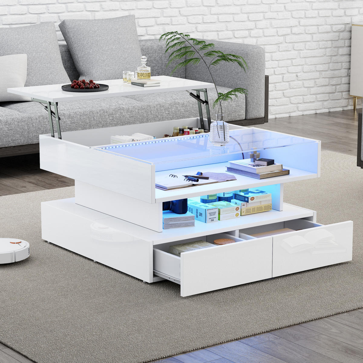 COUCHTISCH aus Spanplatte und Glas 80x80x45 cm Weiß mit Hubfunktion, LED und 2 Schubladen - Weiß, Holzwerkstoff (80/80/45cm) - IVMEU