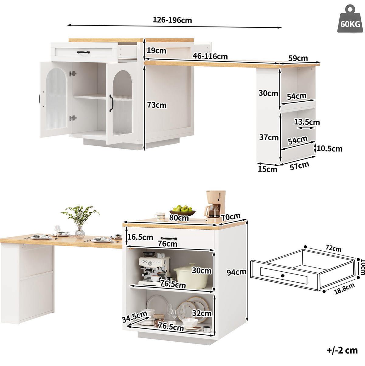 BUFFET 196/59/94 cm weiß aus MDF mit LED - Weiß, Holzwerkstoff (196/94/59cm) - OKWISH