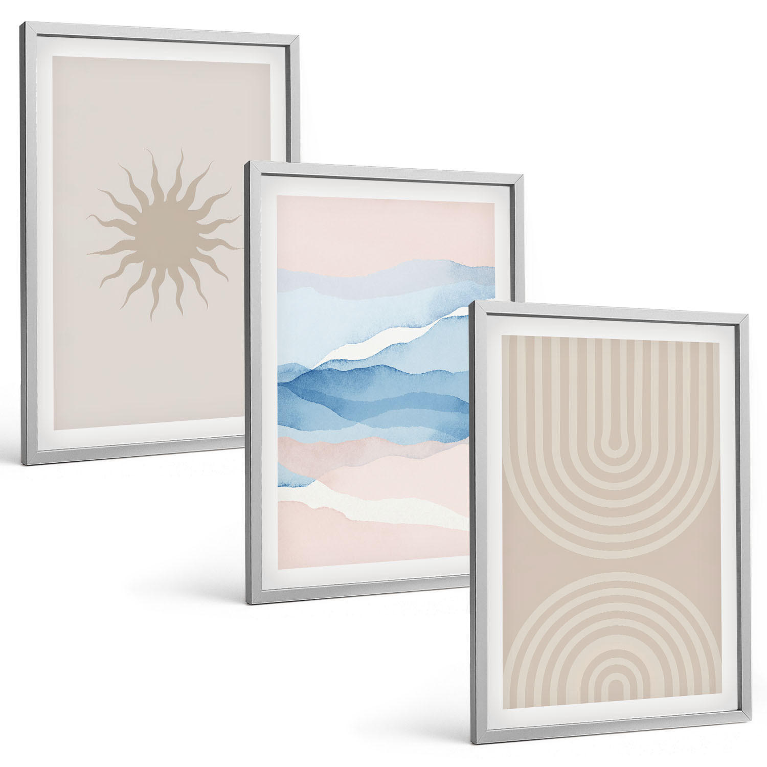 BILDER SET 3er Set - 40x60 cm Silberner Rahmen - Sonnenwellen abstrakte Linien Pastell - Silberfarben, Kunststoff (40/60cm) - TULUP