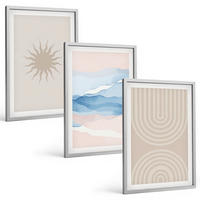 BILDER SET 3er Set - 40x60 cm Silberner Rahmen - Sonnenwellen abstrakte Linien Pastell - Silberfarben, Kunststoff (40/60cm) - TULUP