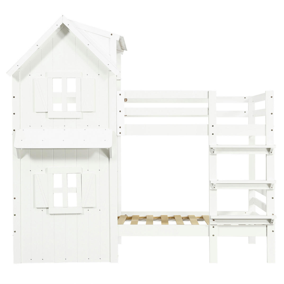 ETAGENBETT 90/200 cm, Weiß mit Dach, Fenstern und Sicherheitsgeländer - Weiß, Holzwerkstoff (90/200cm) - MIVRAY