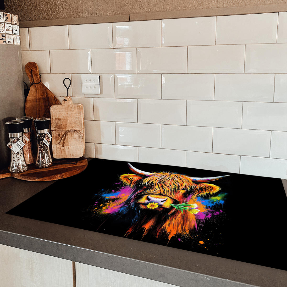 HERDABDECKPLATTE Schottischer Highlander - Graffiti - Bunt - Blume - Tiere Ceranfeldabdeckung 85x52 cm - Multicolor, Kunststoff (85/52/0.2cm) - MuchoWow