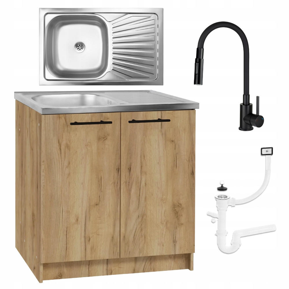 SPÜLUNTERSCHRANK 80cm mit Spüle + Armatur + Siphon Eichenfarbe - Eichefarben, Holzwerkstoff (80/82/50cm) - Stamar