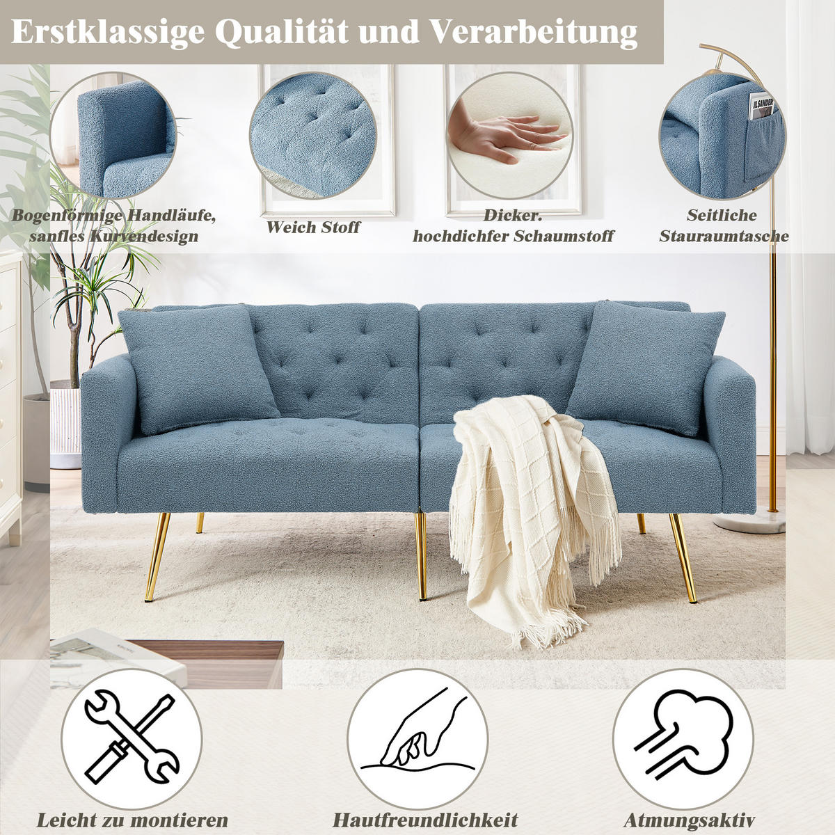 SCHLAFSOFA 177/78/74 cm in Blue Teddyfell mit Aufbewahrungstasche - Blau, Textil (177/74/78cm) - Oxeza