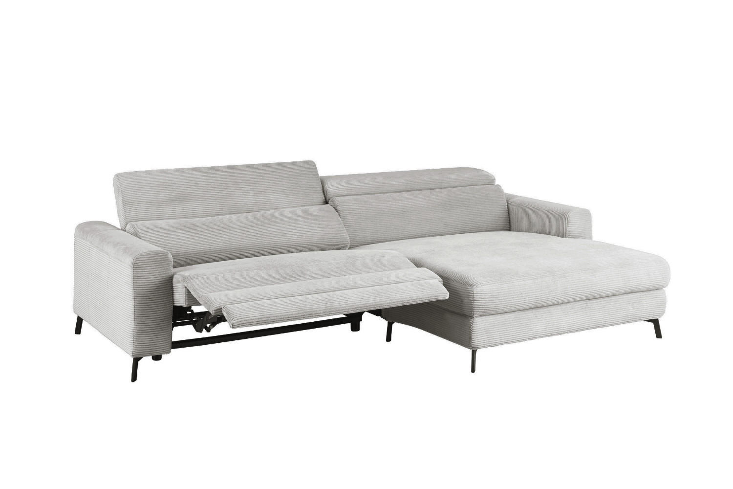 ECKSOFA LAISKA Hellgrau Cord Relaxfunktion - Hellgrau/Schwarz, Textil/Metall (282/177cm) - KAWOLA