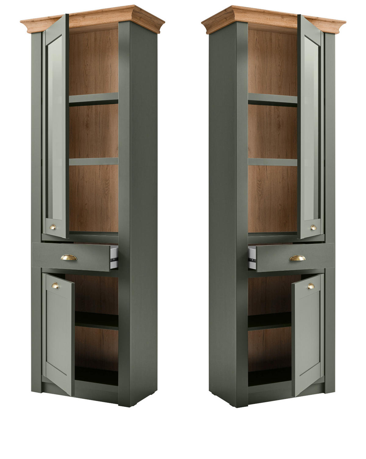 VITRINE grün, Wotan Eiche 68 x 207 cm, Vitrinenschrank im Landhaus-Stil - Dunkelgrün/Messingfarben, Glas/Holzwerkstoff (68/207/45cm) - Furn.Design