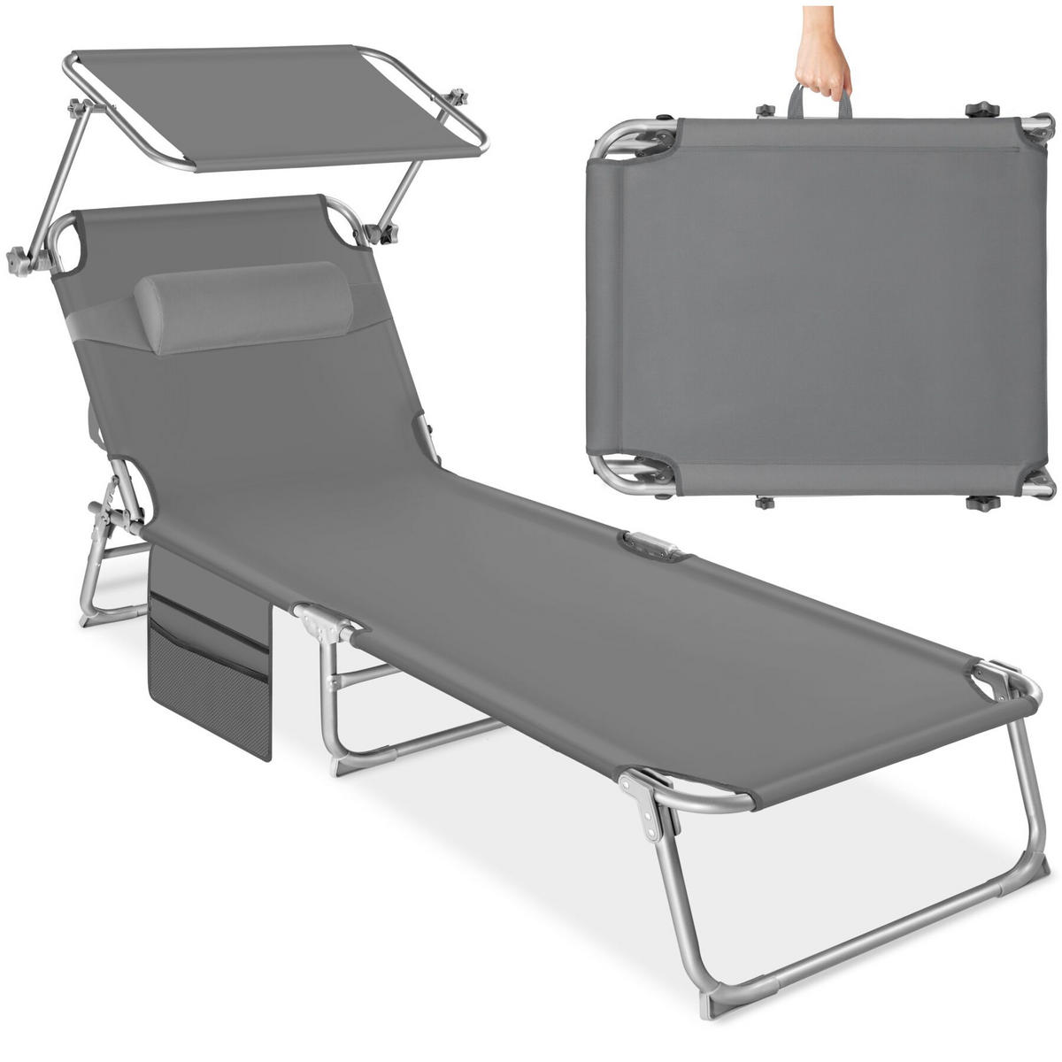 SONNENLIEGE Chloé, 190 x 68 x 111 cm, mit Seitentasche, grau - Grau, Kunststoff (68/111/161cm) - tectake