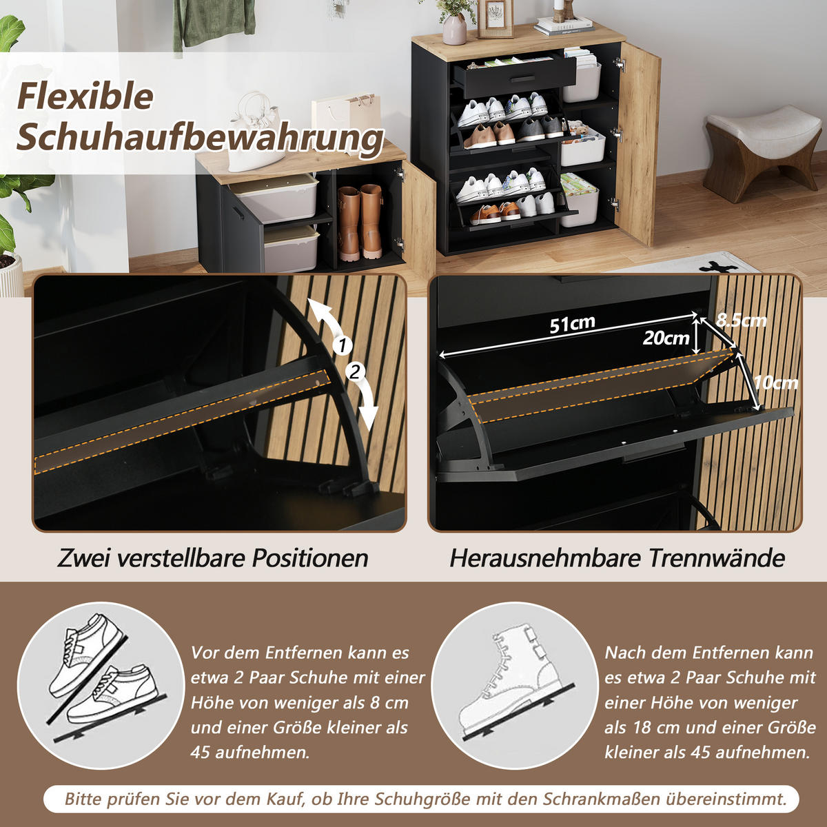 GARDEROBE-SET in Schwarz Schuhschrank mit Spiegel, Schuhschrank & Haken, Flurmöbel mit Stauraum, B120/T35/H180cm - Naturfarben, Holzwerkstoff/Metall (85/85/36cm) - STILVORA