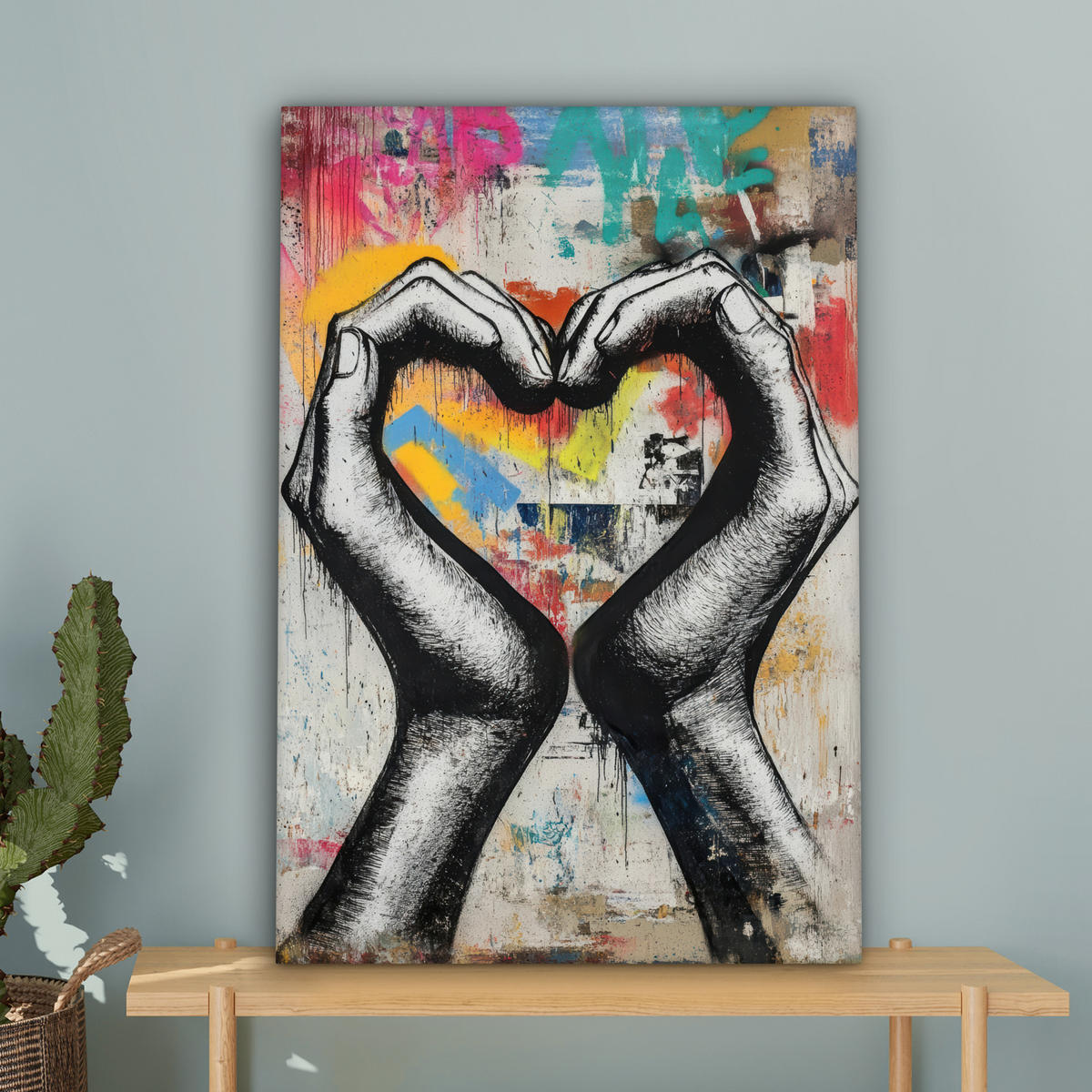 OBRAZ NA PLÁTNE Ruky - Srdce - Street art - Graffiti 60x90 cm - viacfarebná, textil (60/90cm) - MuchoWow